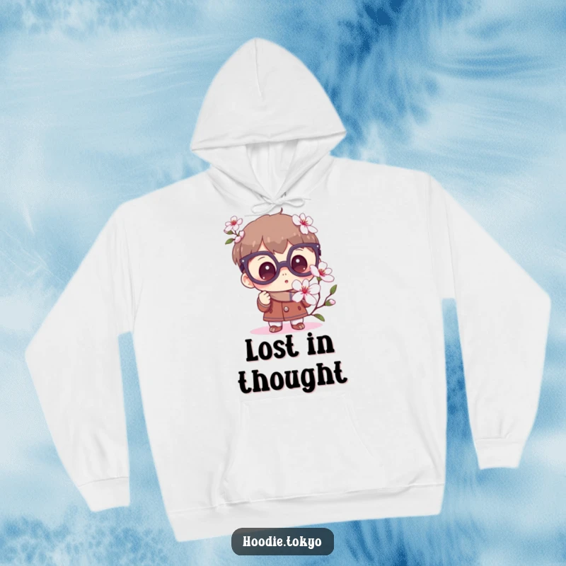 Funny Curious Hoodie: A character in large glasses curiously observes a blooming sakura flower with a sense of awe.