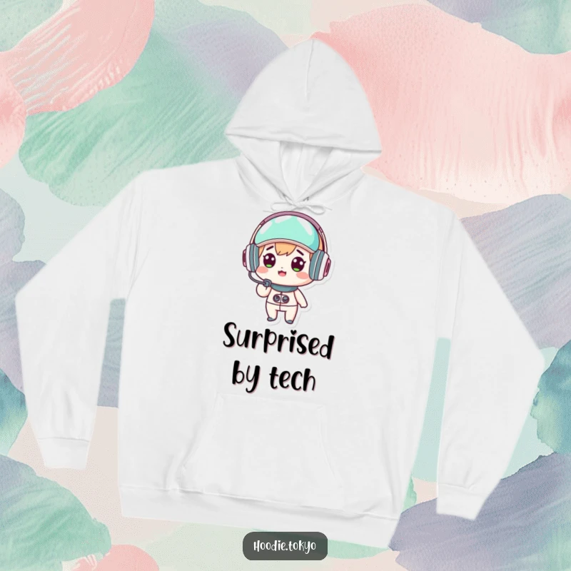 Funny kawaii character hoodie, surprised expression, wearing a futuristic headset, cozy apparel, cute tech design.