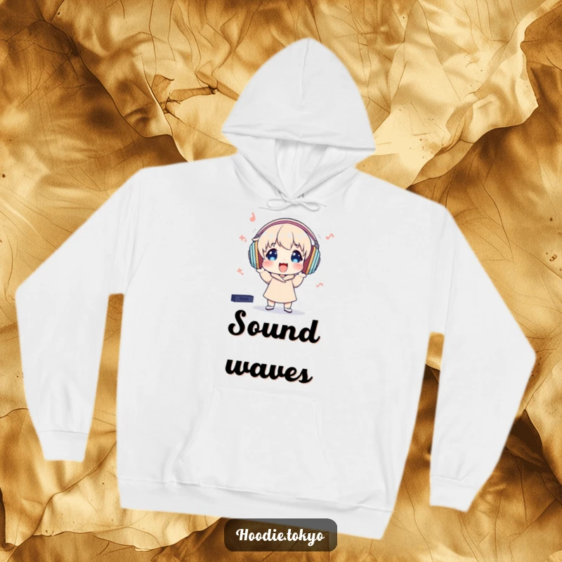 Funny Hoodie: Character with enormous headphones bops energetically, deeply enjoying unseen music, bringing cozy joy.