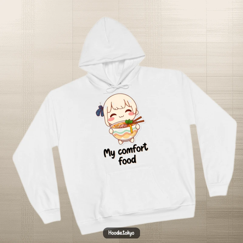 Funny cheerful character offering a bowl of steaming ramen with a smile, comfortable hoodie for ramen lovers.