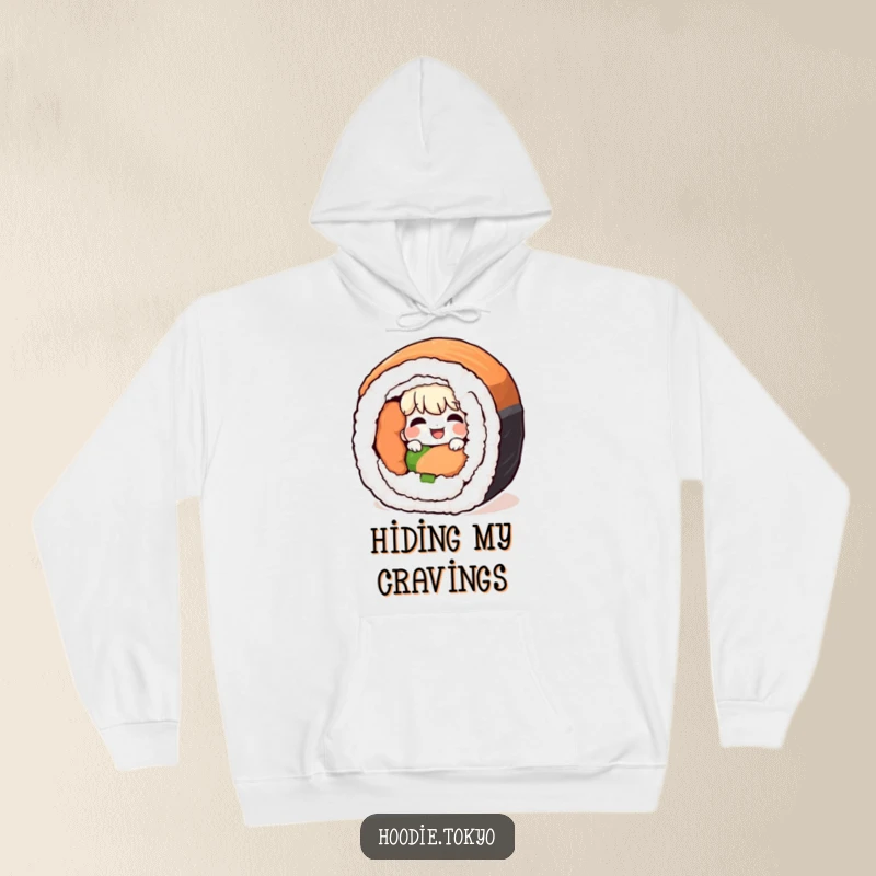 Funny giggling character peeking from behind a giant sushi roll, a cozy and humorous hoodie for food lovers.