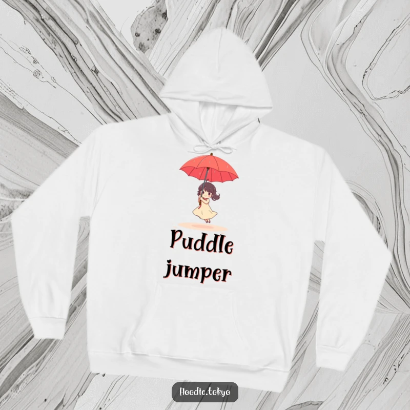 Funny Hoodie: Character dances playfully in a gentle rain shower, sheltered by a striking red umbrella, offering warmth.