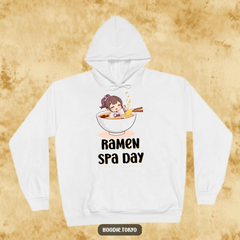 Funny character in a tiny kimono playfully splashing in a bowl of ramen, ideal for cozy and humorous wear.