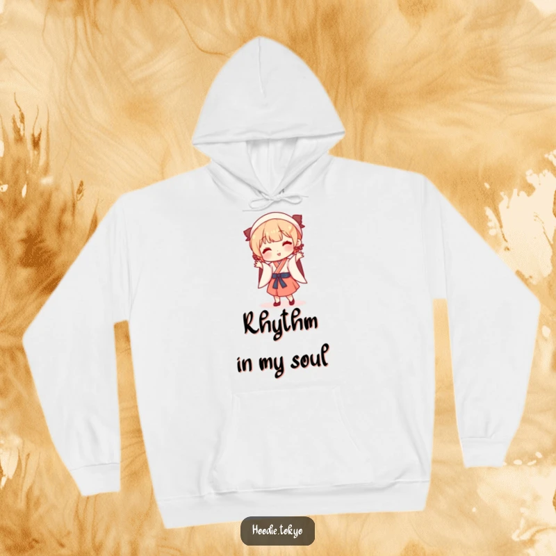 Funny playful character in traditional Japanese clothing doing a silly dance, comfortable hoodie for stylish fun.