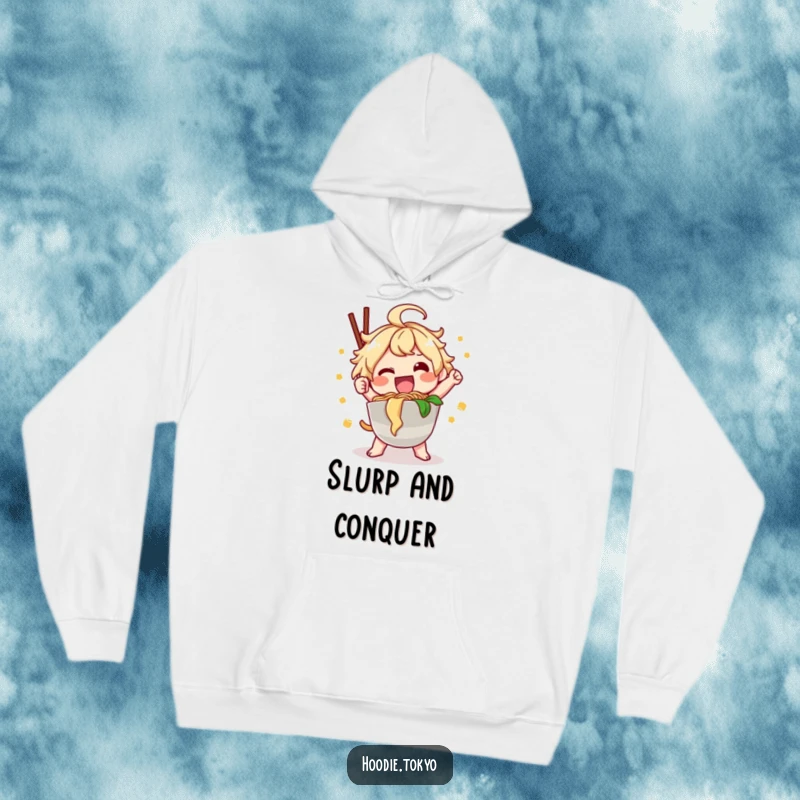 Funny ramen kawaii hoodie with a happy character posing with noodles, cozy funny gift.