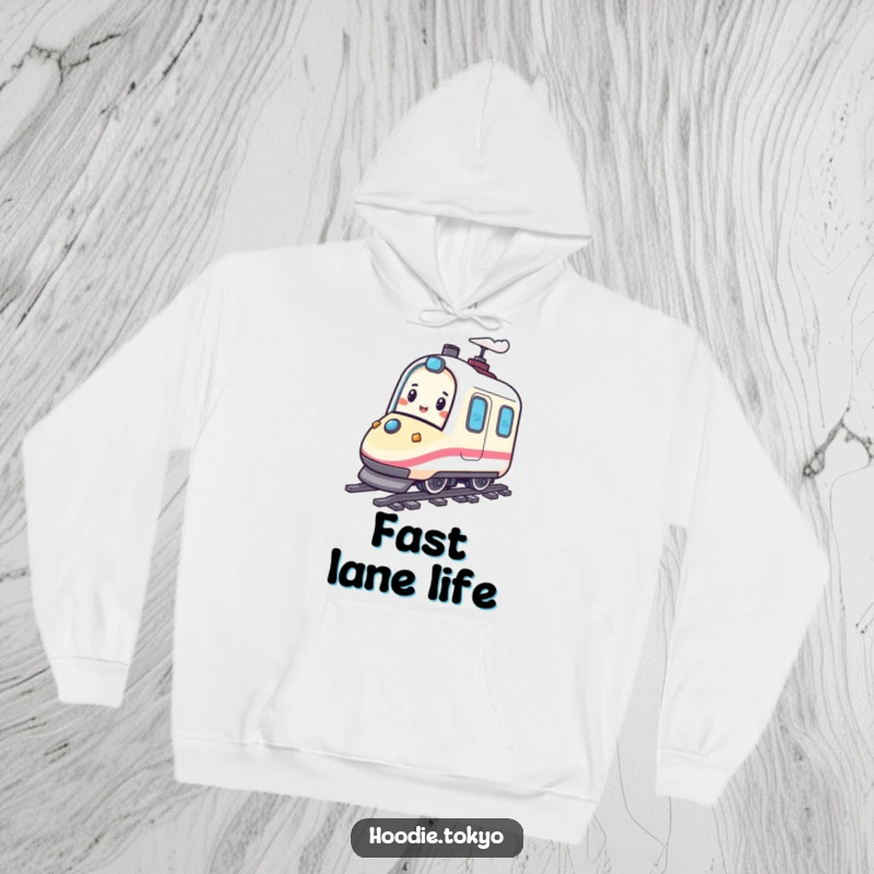 Funny hoodie with a happy character playfully bouncing on a miniature bullet train, offering warmth and a touch of speedy adventure.
