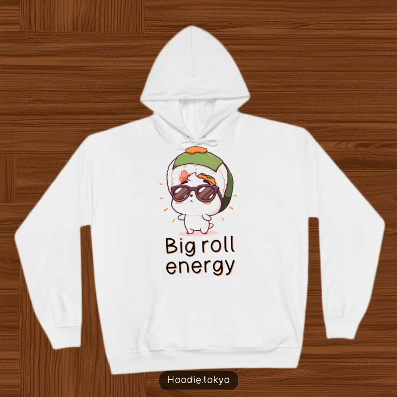 Funny hoodie with a character wearing cool sunglasses, astonished by a giant sushi roll, perfect for staying warm while expressing food enthusiasm.