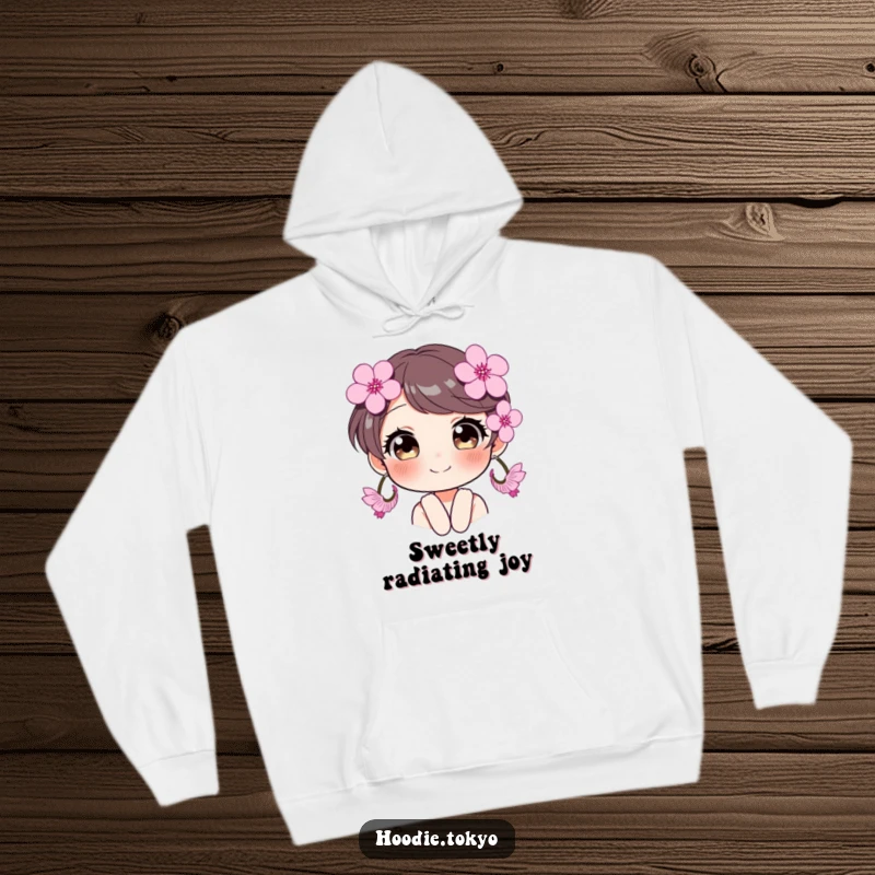 Funny character wearing oversized cherry blossom earrings, eyes sparkling, a cozy and humorous hoodie.