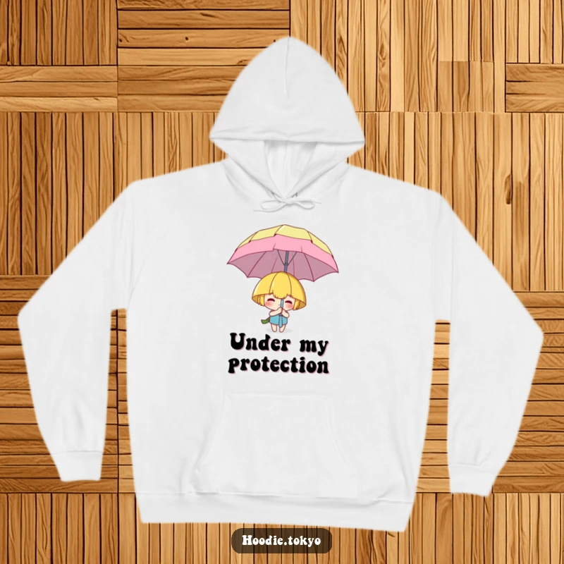 Funny hoodie depicting a character playfully peeking from behind a massive, cartoonish umbrella, embodying playful secrecy.