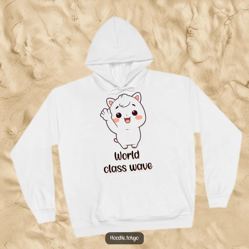 Funny Kawaii character with a big smile giving a cheerful wave on a warm and comforting hoodie.