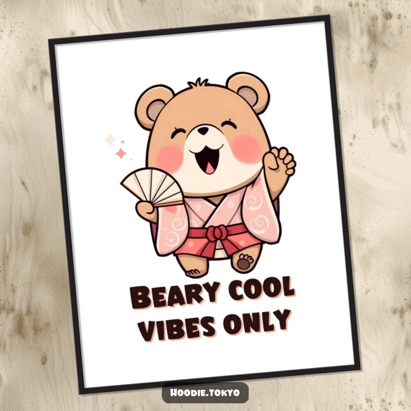 Funny Free Printable Wall Art: A joyful bear in a kimono waves a fan with excitement, adding a playful vibe.