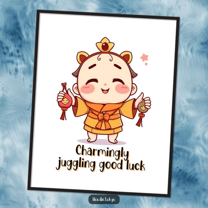 Free Printable Wall Art: A playful character with a cheeky grin juggles colorful omamori charms, creating whimsical art.