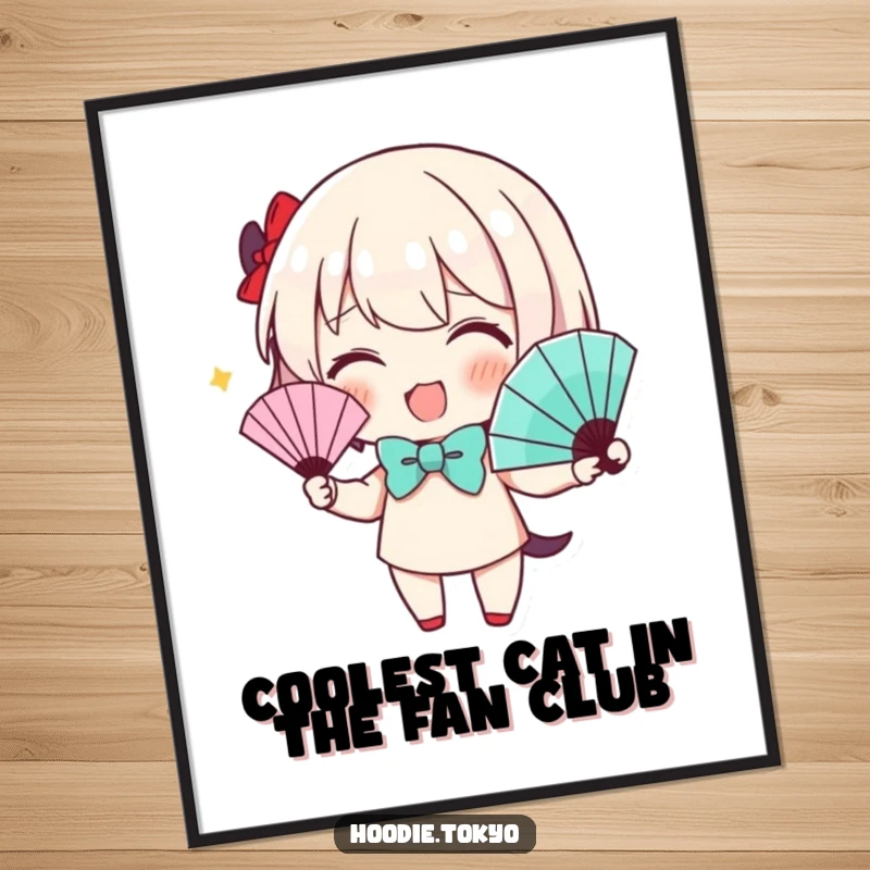 Funny Free Printable Wall Art: Character adorned in a cute bow tie enthusiastically waves a stylish fan, exuding charm.