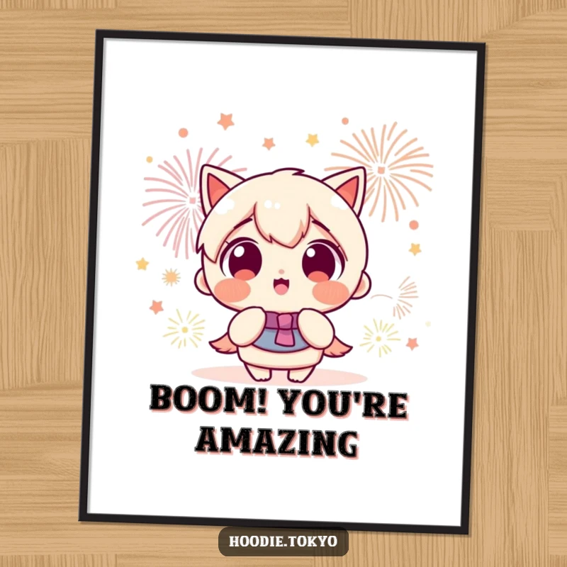 Funny Free Printable Wall Art: Kawaii character with wide, excited eyes transfixed by a brilliant, colorful fireworks explosion in the night sky.