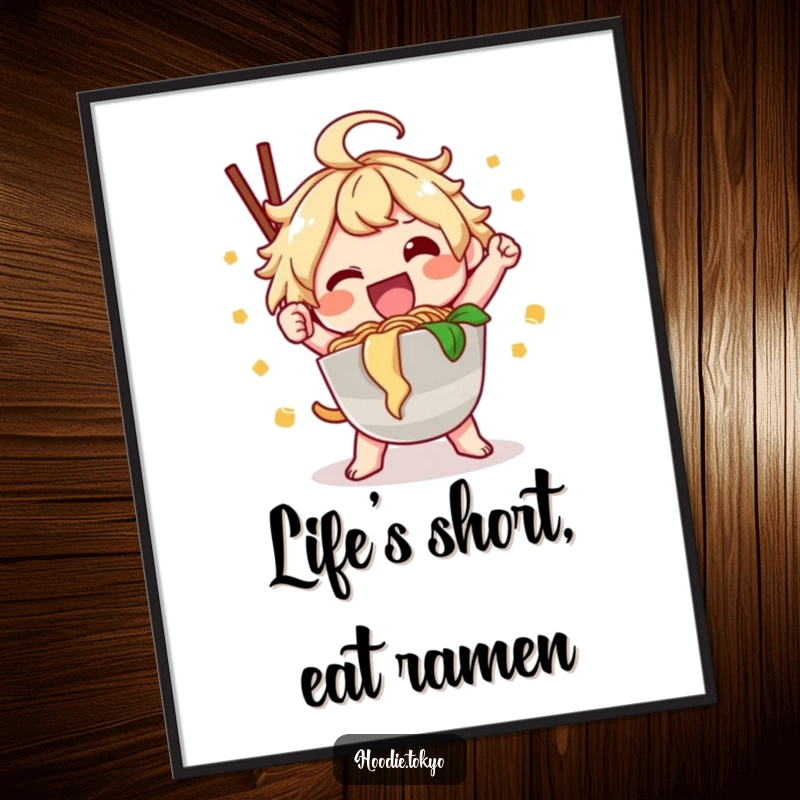 Funny Free Printable Wall Art: Happy Kawaii character poses dynamically with a large, appetizing bowl of ramen.
