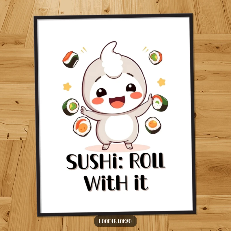 Funny Free Printable Wall Art: Kawaii character with a playful grin expertly juggles multiple sushi pieces.
