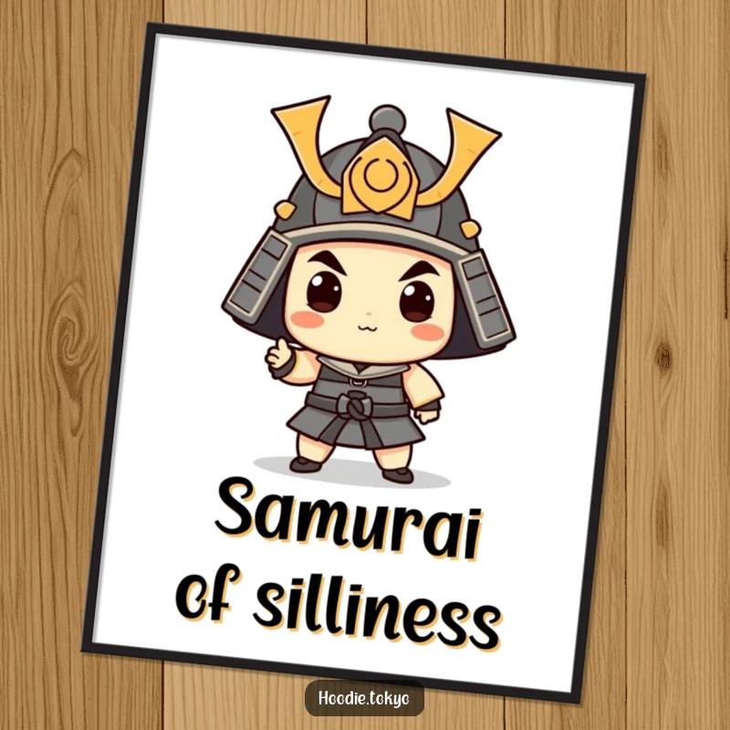 Funny Free Printable Wall Art of a whimsical character in a tiny samurai helmet, frozen in a comical pose.