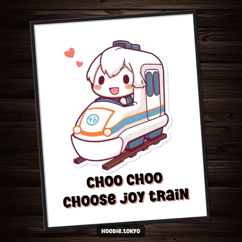 Funny free printable wall art: character with a joyful expression riding a miniature bullet train.