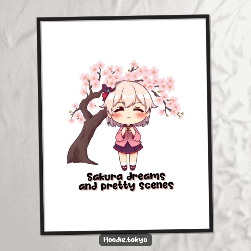 Funny Free Printable Wall Art: Character with an exaggerated blush striking a theatrical pose by a cherry blossom tree.