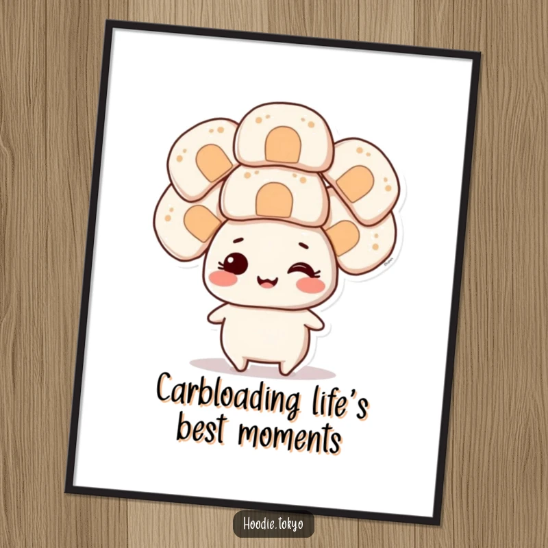 Funny Free Printable Wall Art: A smiling character masterfully balancing several oversized onigiri on its head.