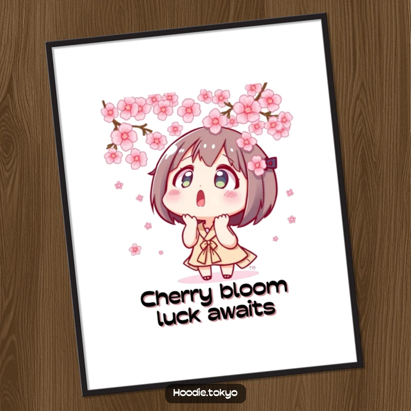 Funny Free Printable Wall Art: Surprised Tokyo character looking up in awe at a gentle drift of beautiful, pink cherry blossoms.