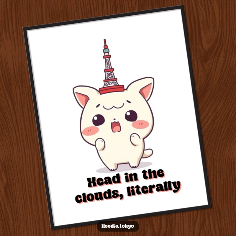 Funny Free Printable Wall Art: Surprised Character with Tiny Tokyo Tower Perched on Head, Whimsical Decor