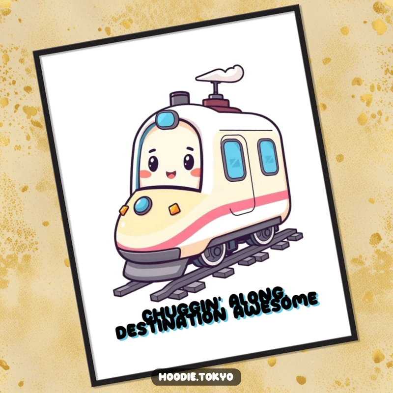 Funny Free Printable Wall Art: A happy character with a playful bounce riding a miniature bullet train, capturing motion and joy.