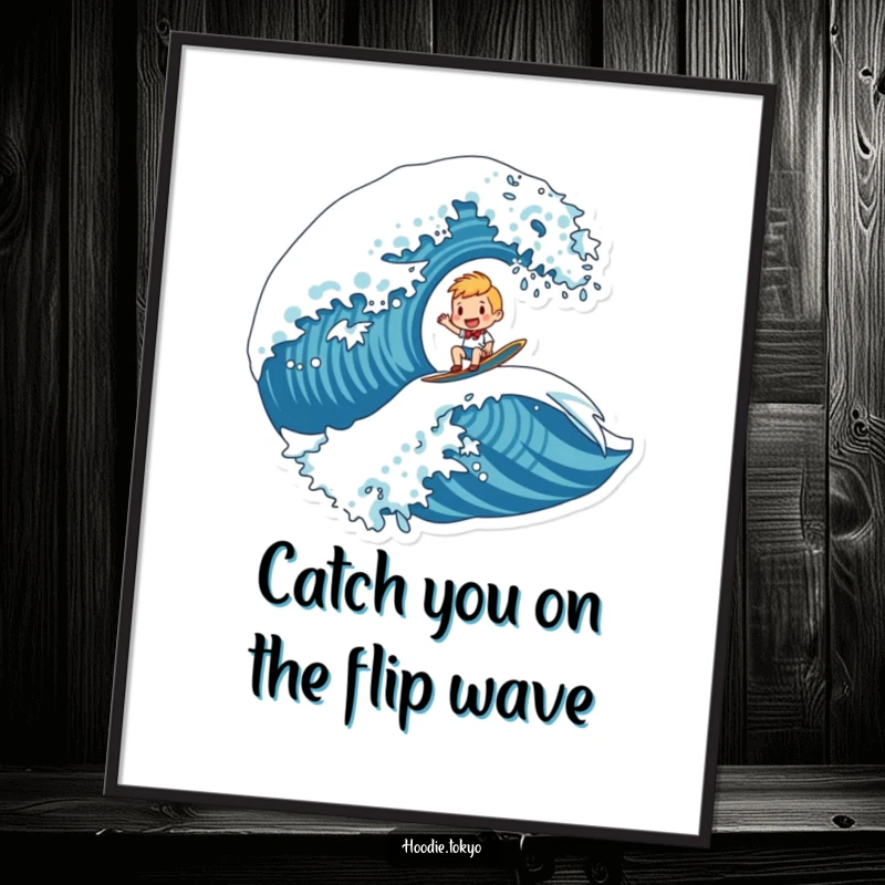 Funny Free Printable Wall Art: A character joyfully riding a huge, stylized wave, creating an energetic and fun image.