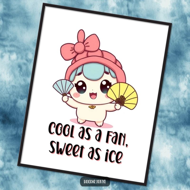 Funny Free Printable Wall Art: Kawaii character with wide, excited eyes, energetically waving a fan, bringing cool and playful vibes.
