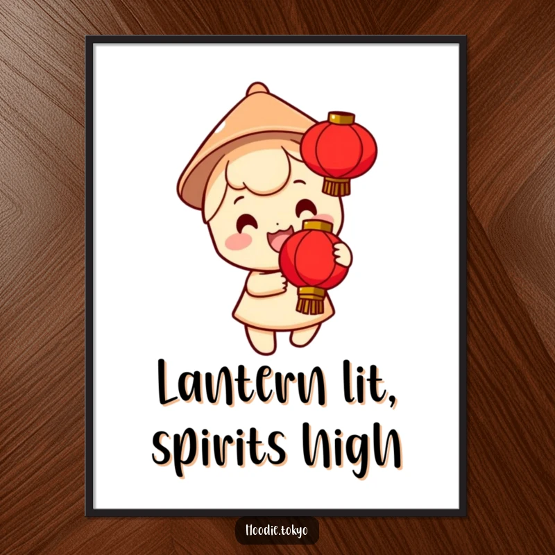 Funny Free Printable Wall Art: Smiling character in a conical hat excitedly holding a bright red lantern, creating a festive ambiance.