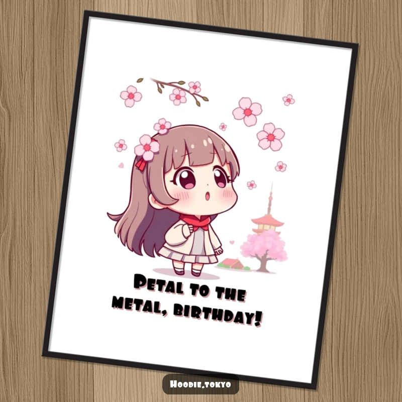 Funny Free Printable Wall Art: A surprised Tokyo character gazing skyward at beautifully rendered cherry blossoms, full of wonder.