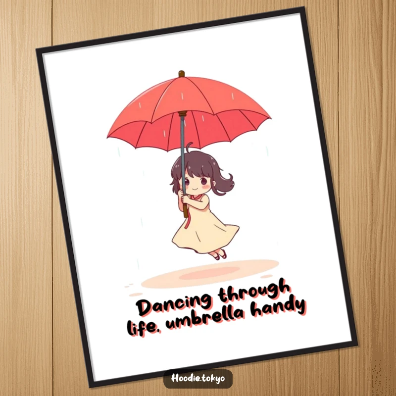 Funny Free Printable Wall Art: Character dances with a bright red umbrella in a gentle rain, creating a joyful scene.