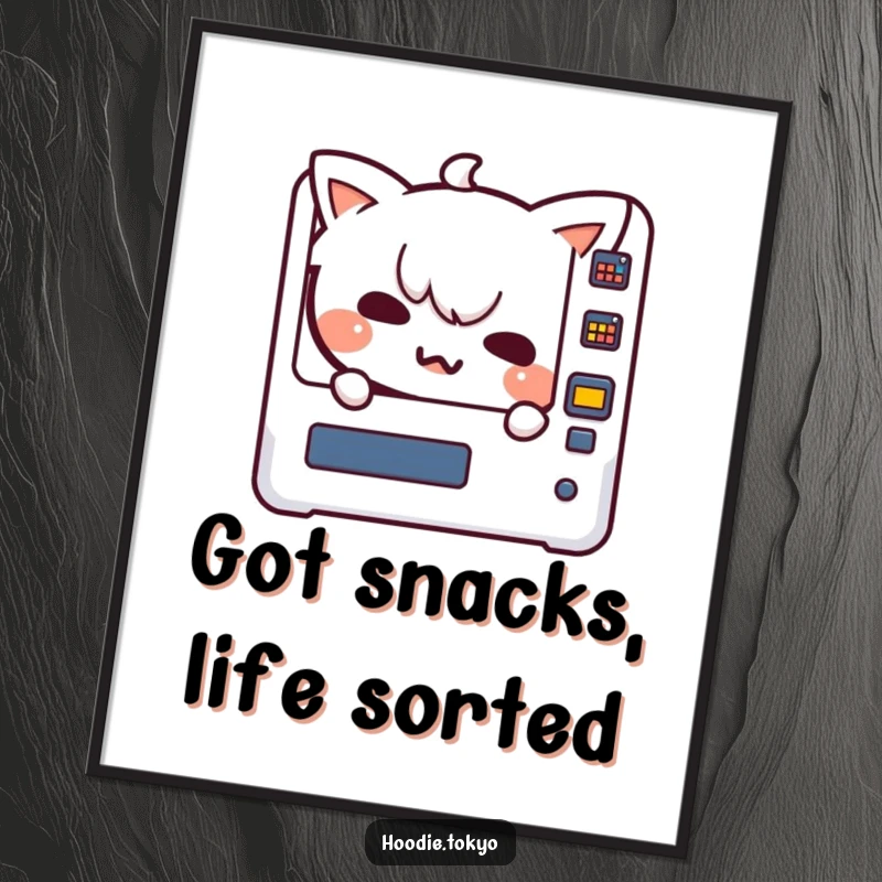 Funny Free Printable Wall Art: A cute Kawaii character with a mischievous grin peeking from behind a vintage vending machine.