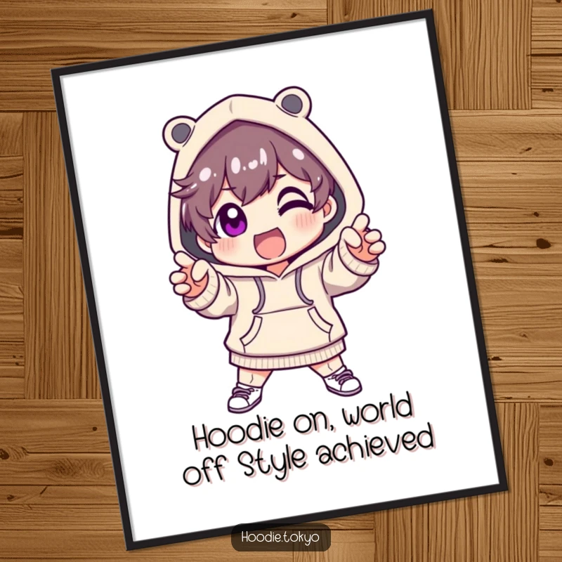 Funny Free Printable Wall Art: Cute character in a fashionable hoodie striking a dramatic, excited pose, perfect for humorous decor.