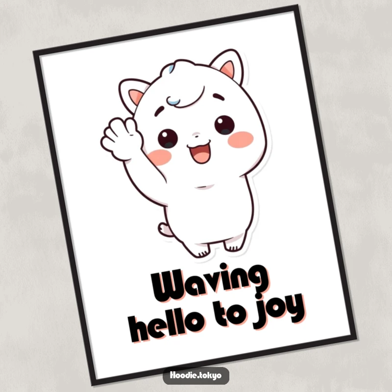 Funny Free Printable Wall Art: A cute Kawaii character giving a friendly wave with a wide, infectious smile.