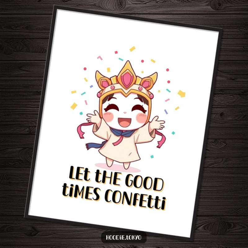 Funny Free Printable Wall Art: Character wearing a festival mask joyfully showering confetti into the air.