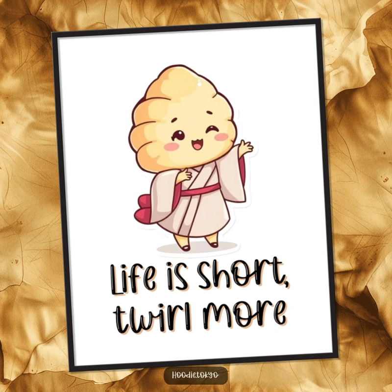 Funny Free Printable Wall Art: A smiling croissant character in a kimono performing a playful twirl, adding quirky charm.