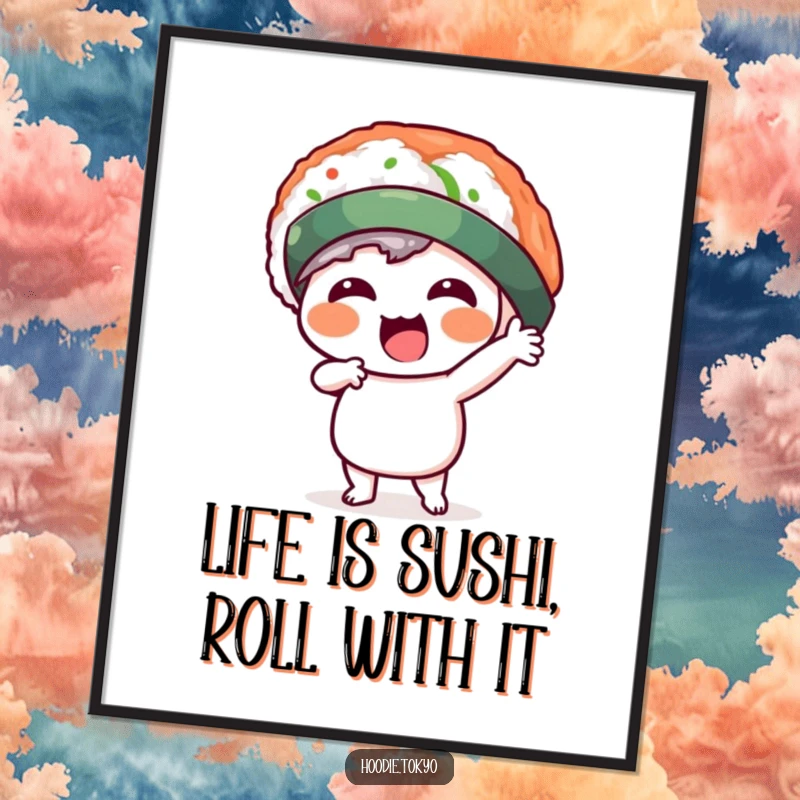 Funny Free Printable Wall Art: Kawaii character wearing a silly sushi hat, striking a dynamic and amusing pose for quirky decor.