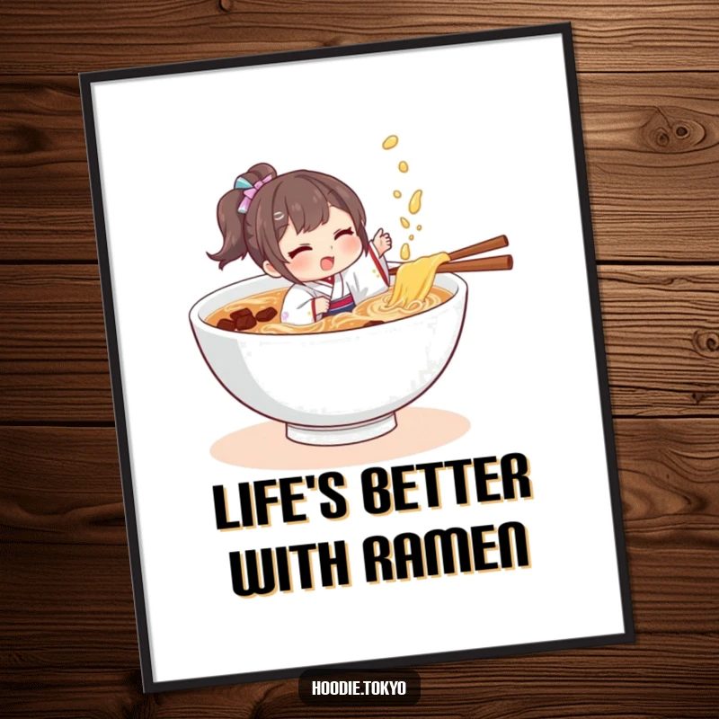 Funny Free Printable Wall Art: Character in a tiny kimono playfully splashing and having a blast in a huge ramen bowl.