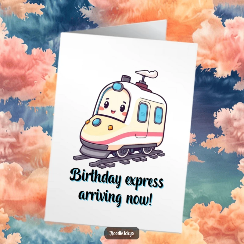 Funny Free Printable Birthday Card: Happy character with a playful bounce rides a miniature bullet train, celebrating a birthday at full speed.