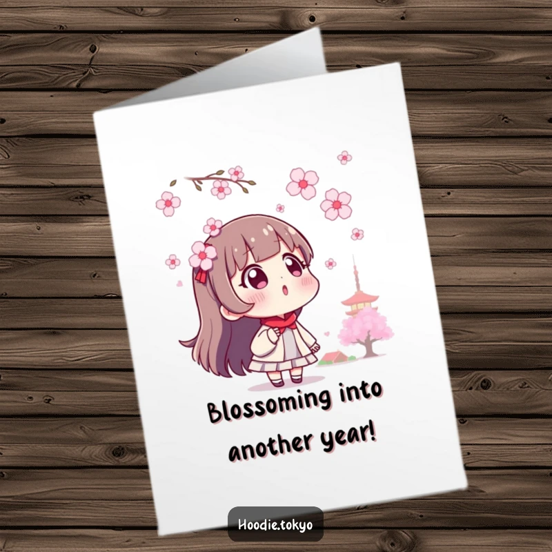Funny Free Printable Birthday Card: Surprised Tokyo character gazing at falling cherry blossoms, a joyful and unexpected scene.