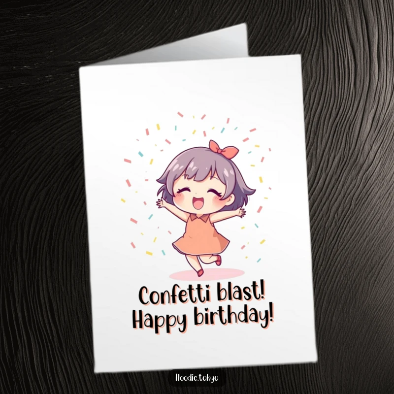 Funny Free Printable Birthday Card: A happy character dances joyfully beneath a delightful shower of colorful confetti.