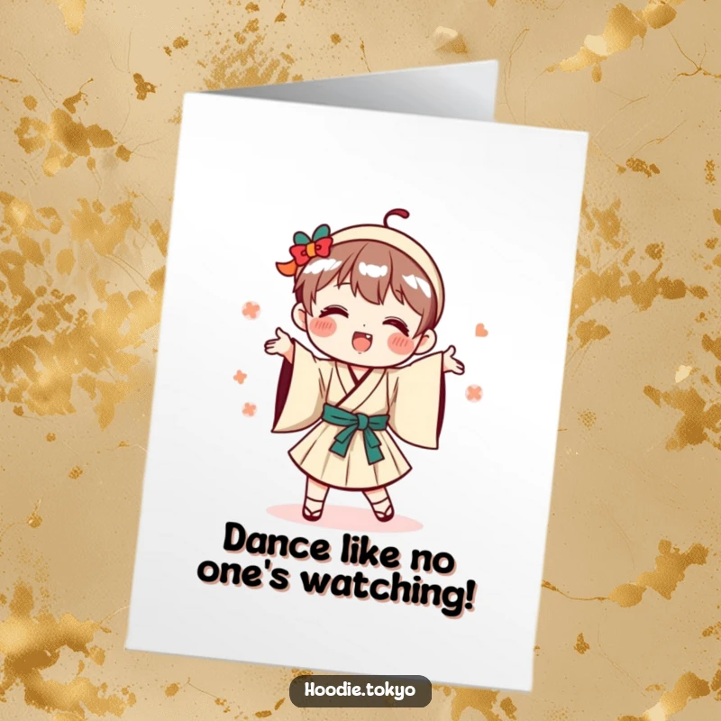 Funny Free Printable Birthday Card: Playful character in a traditional Japanese outfit doing a goofy, energetic dance move.