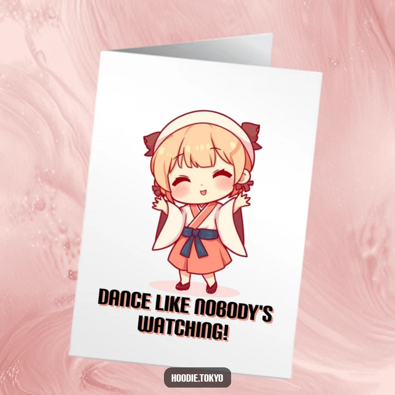 Funny Free Printable Birthday Card: Playful character in traditional Japanese attire performing a hilariously silly and energetic dance.