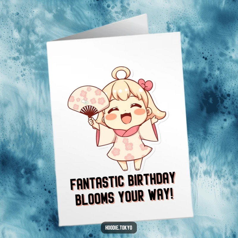 Funny Free Printable Birthday Card: Joyful Character Waving Blooming Pattern Fan, Enthusiastic Celebration