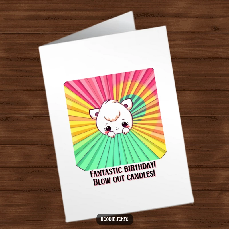 Funny Free Printable Birthday Card: A playful character peeks out from behind a large, vibrant fan.