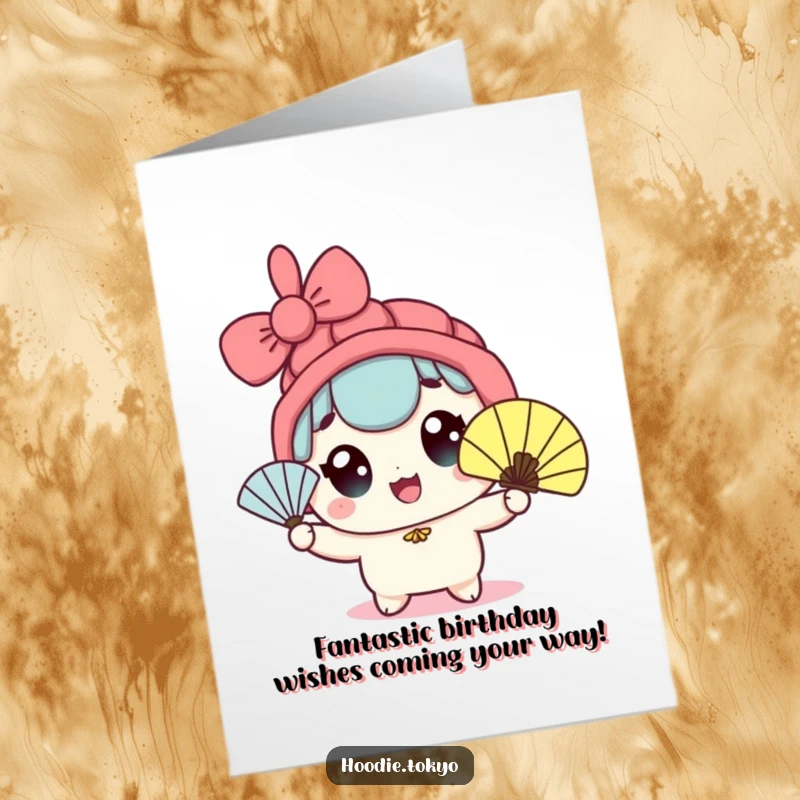 Funny Free Printable Birthday Card: Kawaii character wide-eyed and enthusiastically waving a fan, bringing a cool breeze of celebration.