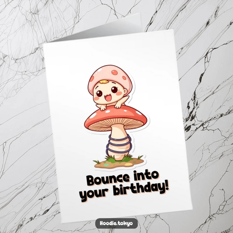 Funny Free Printable Birthday Card: A character with a wide grin joyfully bounces on a huge, springy mushroom.