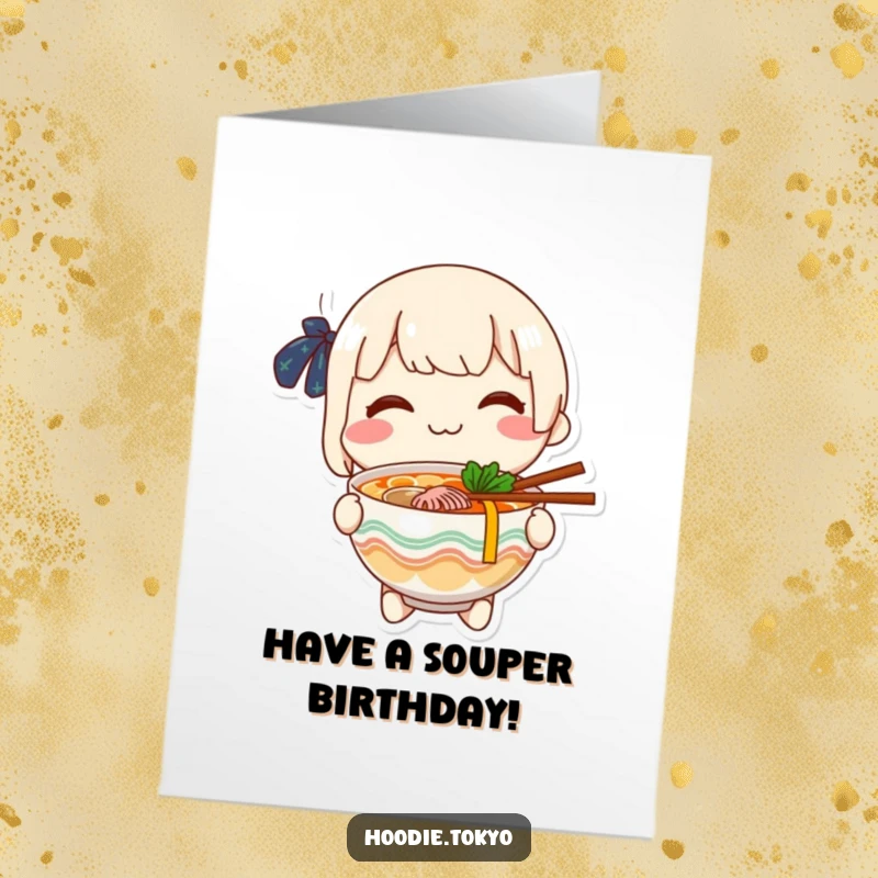 Funny Free Printable Birthday Card: Cheerful character beaming with a smile, proudly offering a steaming bowl of delicious ramen forward.
