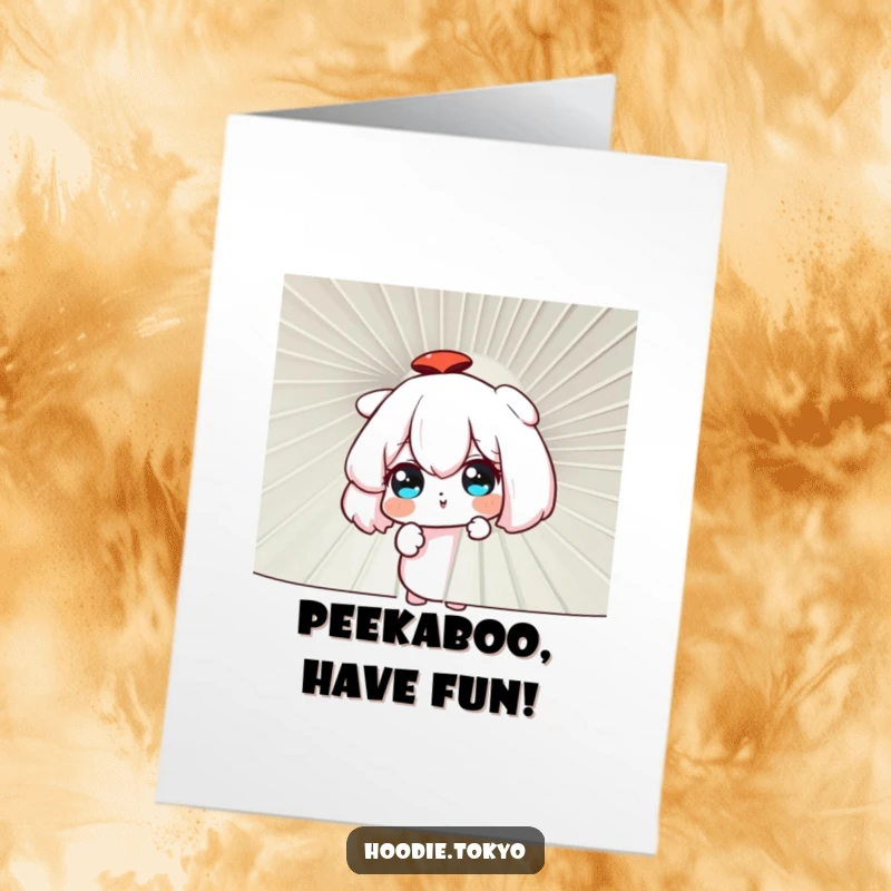 Funny Free Printable Birthday Card: Curious character with wide eyes peeking mischievously through a large, ornate Japanese fan.